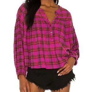 Free People Jessi Plaid Pink Combo Oversized Top Size Medium
